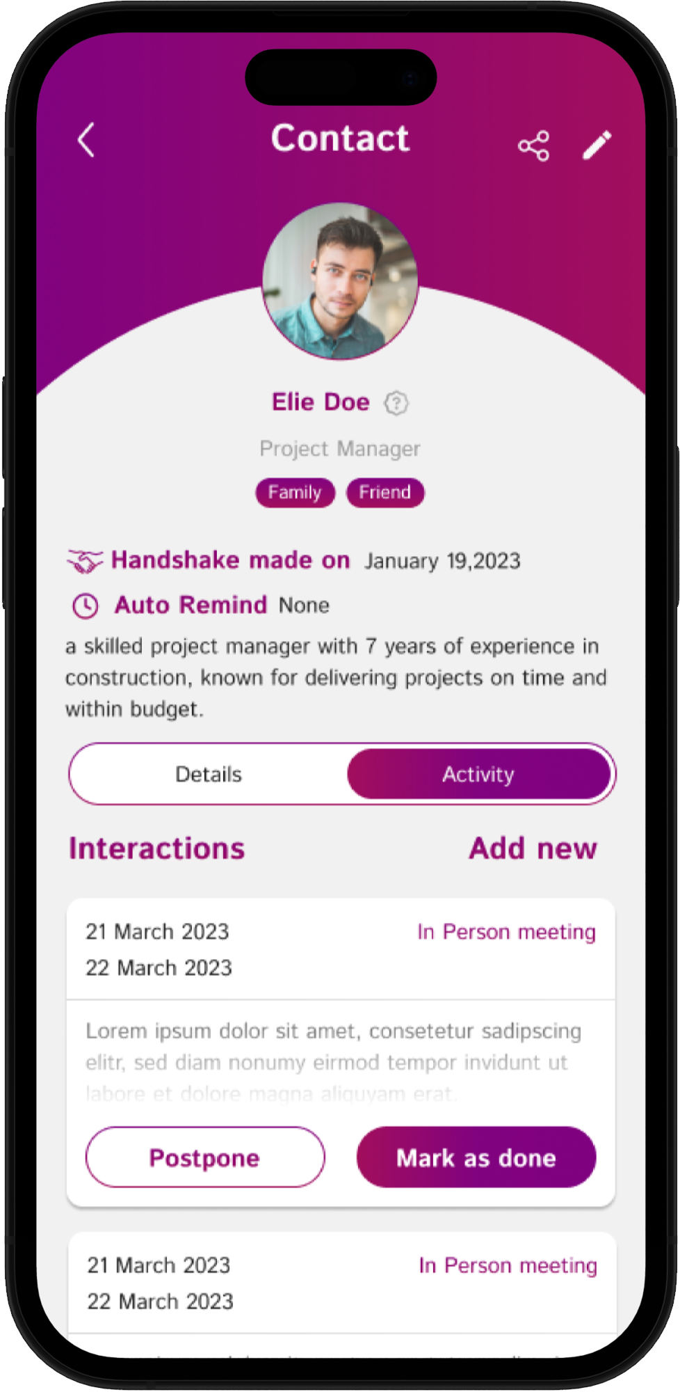 Mia Personal Relations Manager App showing the contact management screen interface