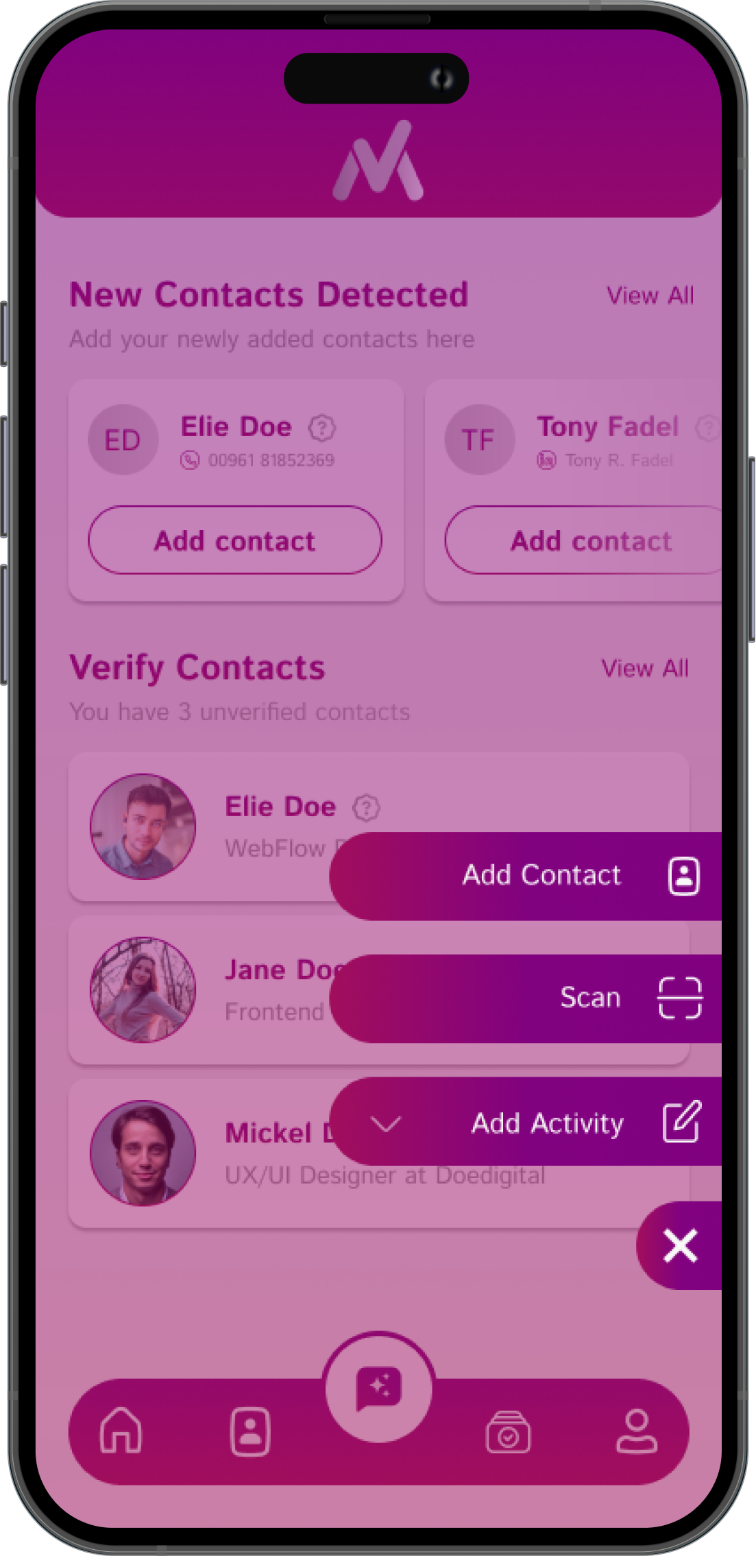 Mia PRM app interface for adding a new business contact manually