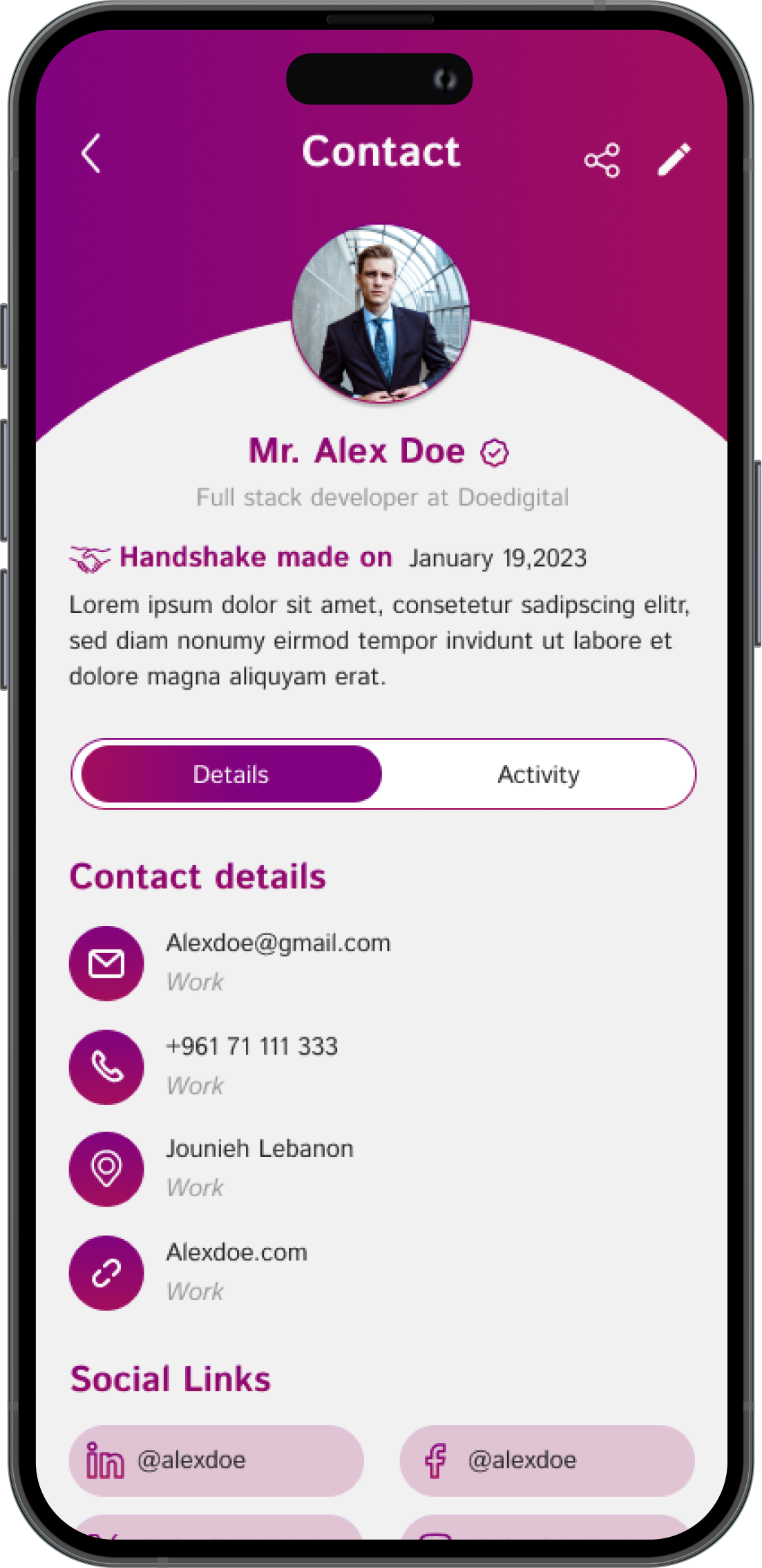 Mia PRM app interface showing how to add context and notes to a business contact