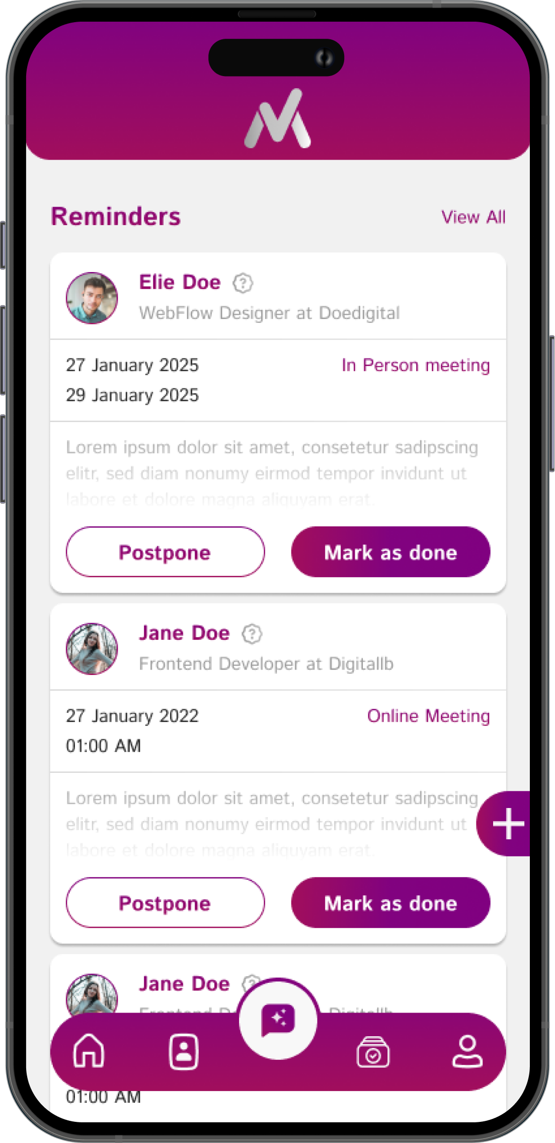 Mia PRM app interface showing follow-up reminders for business contacts