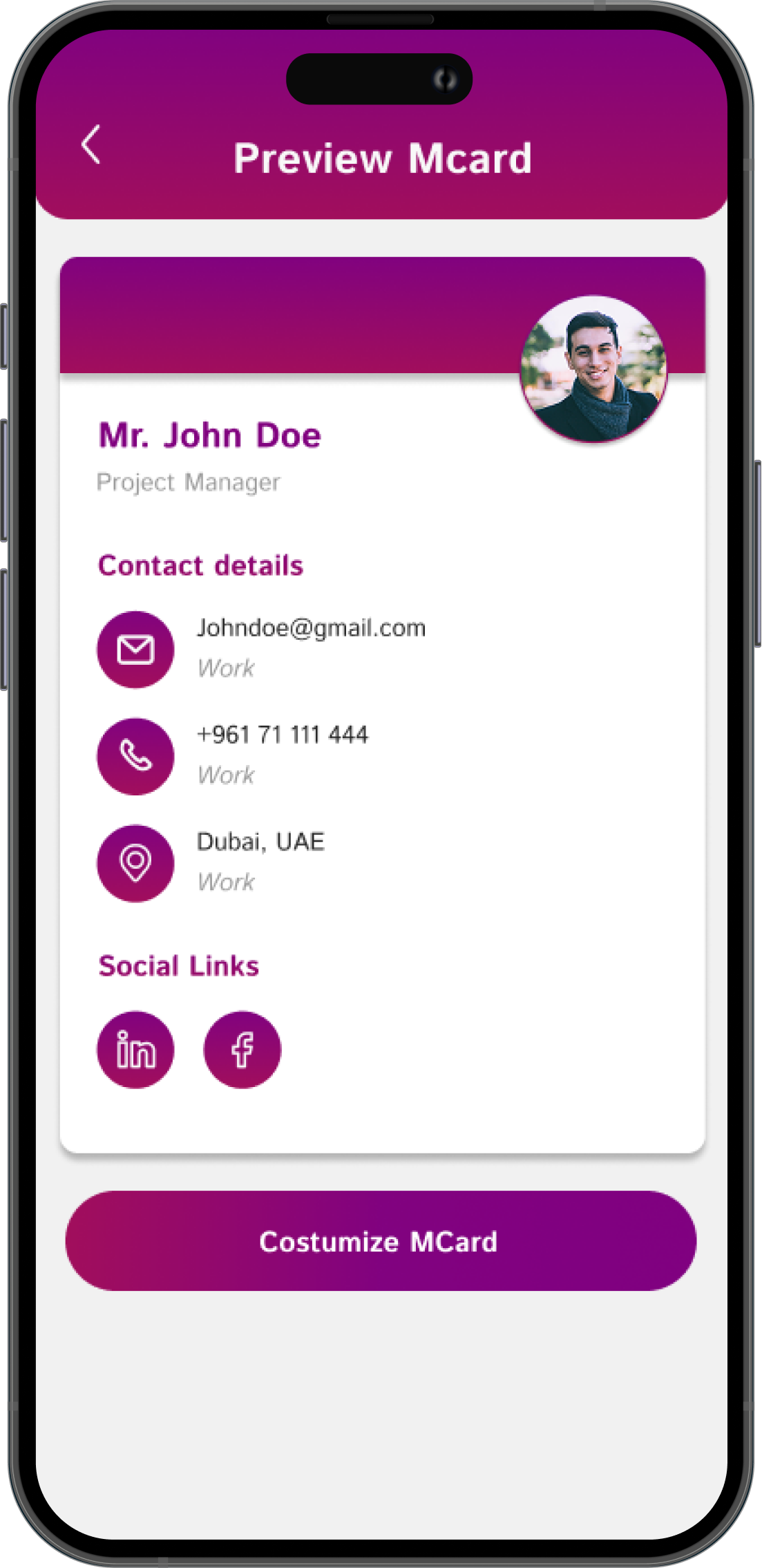 Mia PRM app interface showing how to share your digital business card with contacts